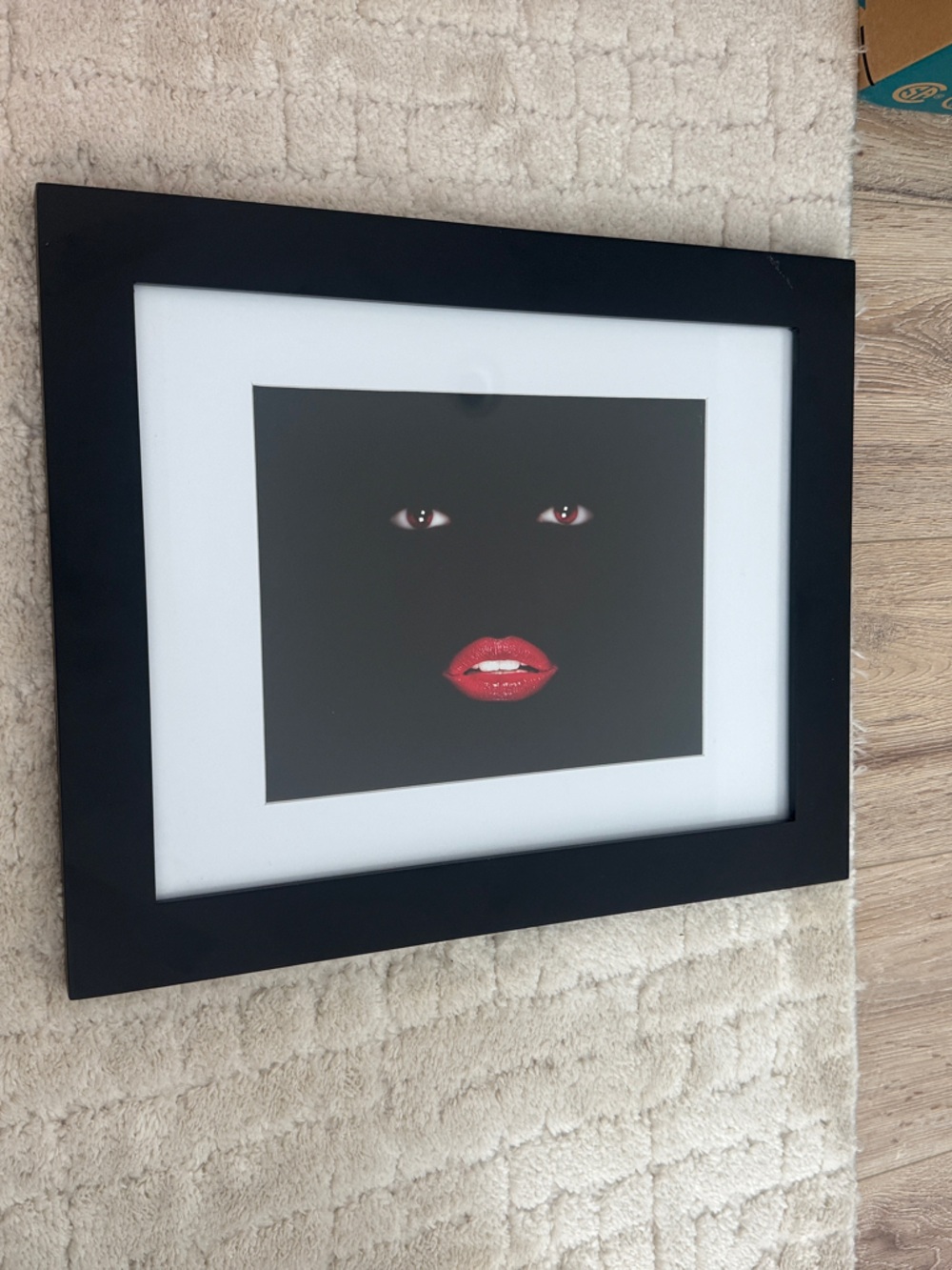 Wall art- Black Framed Art Print with Red Accent Lip Illustration